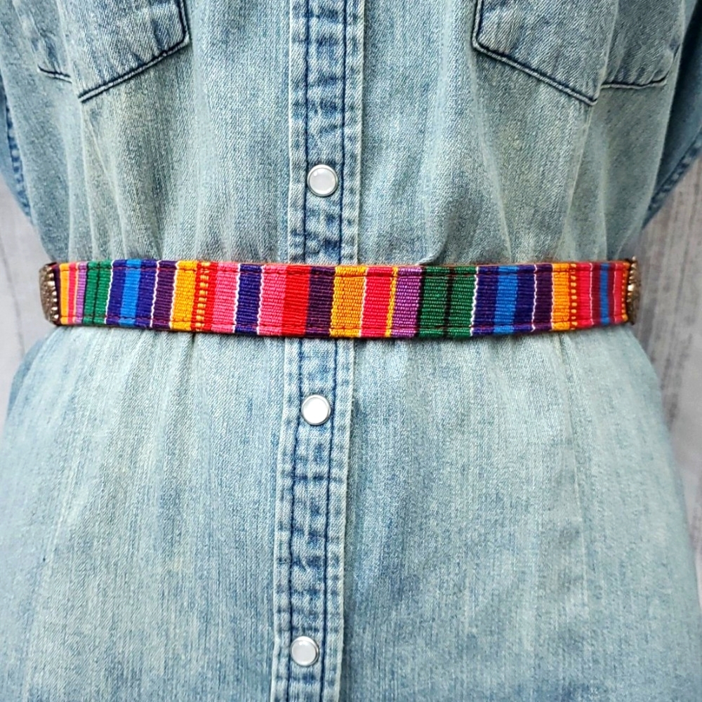 Fossil Multi Color Fabric On Leather Belt Medalli… - image 3